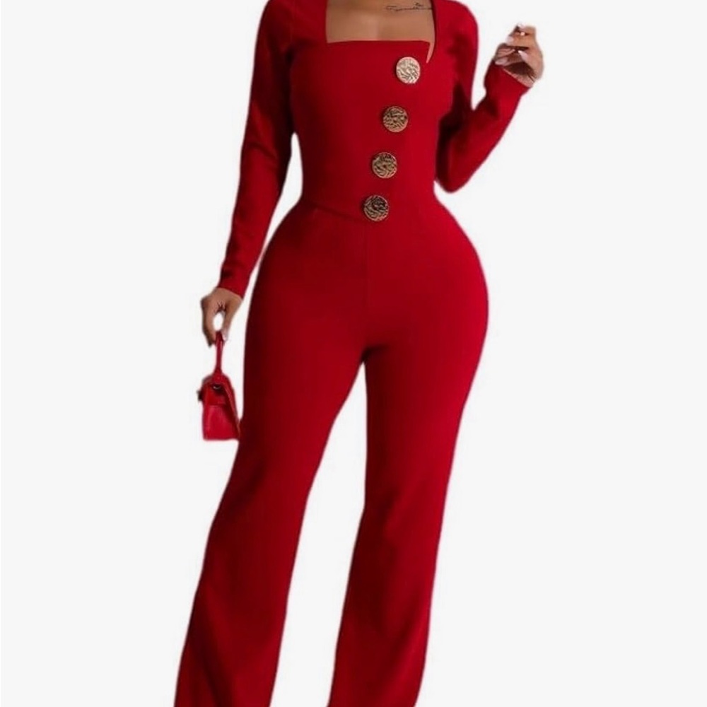 Sleek Red Long-Sleeve Square-Neck Jumpsuit with Decorative Buttons